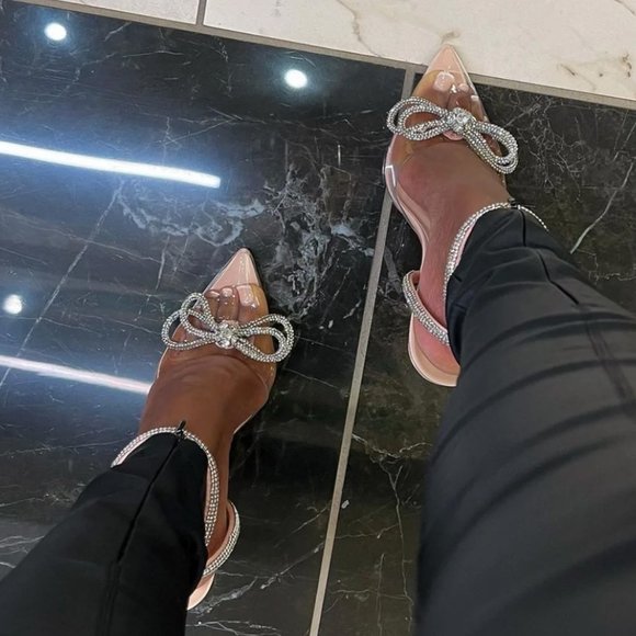 NEW Blush Nude Clear Transparent Rhinestone Bow Ankle Strap Pointy Toe Pump Heel - Picture 12 of 12